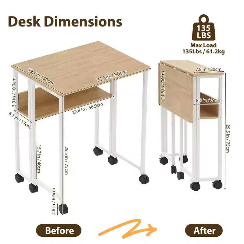 Folding Desk Small Rolling Desk with Storage Shelf,31.5 Inch Foldable Computer Table for Small Spaces, Space Saving Sofa Table with Wheels
