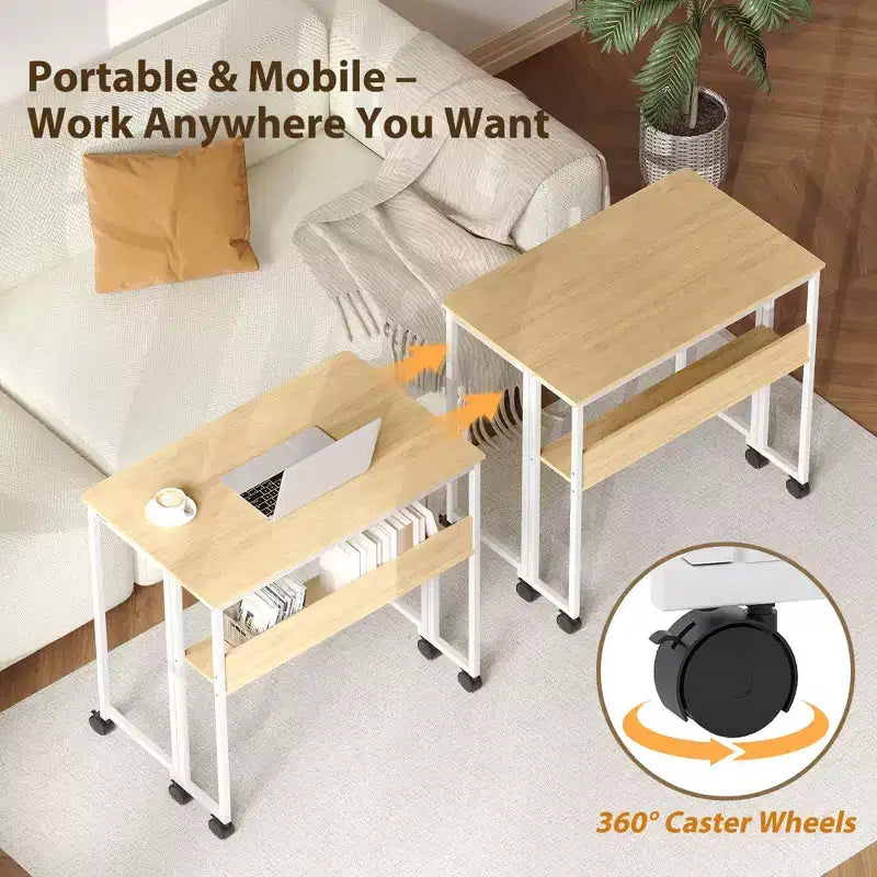 Folding Desk Small Rolling Desk with Storage Shelf,31.5 Inch Foldable Computer Table for Small Spaces, Space Saving Sofa Table with Wheels