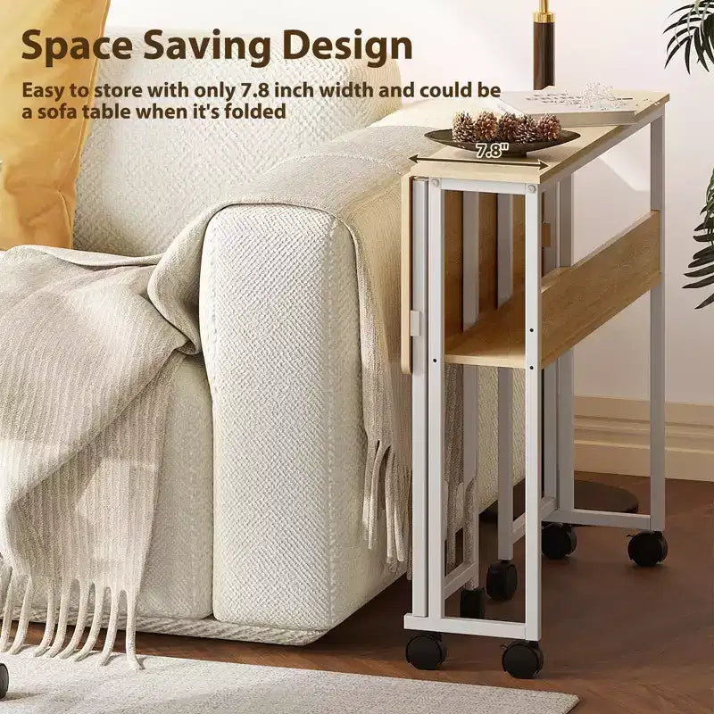 Folding Desk Small Rolling Desk with Storage Shelf,31.5 Inch Foldable Computer Table for Small Spaces, Space Saving Sofa Table with Wheels