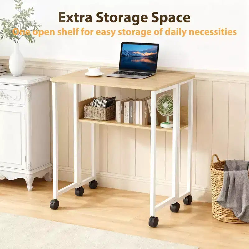 Folding Desk Small Rolling Desk with Storage Shelf,31.5 Inch Foldable Computer Table for Small Spaces, Space Saving Sofa Table with Wheels