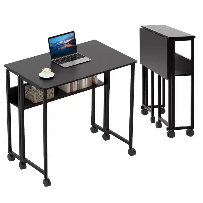 Folding Desk Small Rolling Desk with Storage Shelf,31.5 Inch Foldable Computer Table for Small Spaces, Space Saving Sofa Table with Wheels
