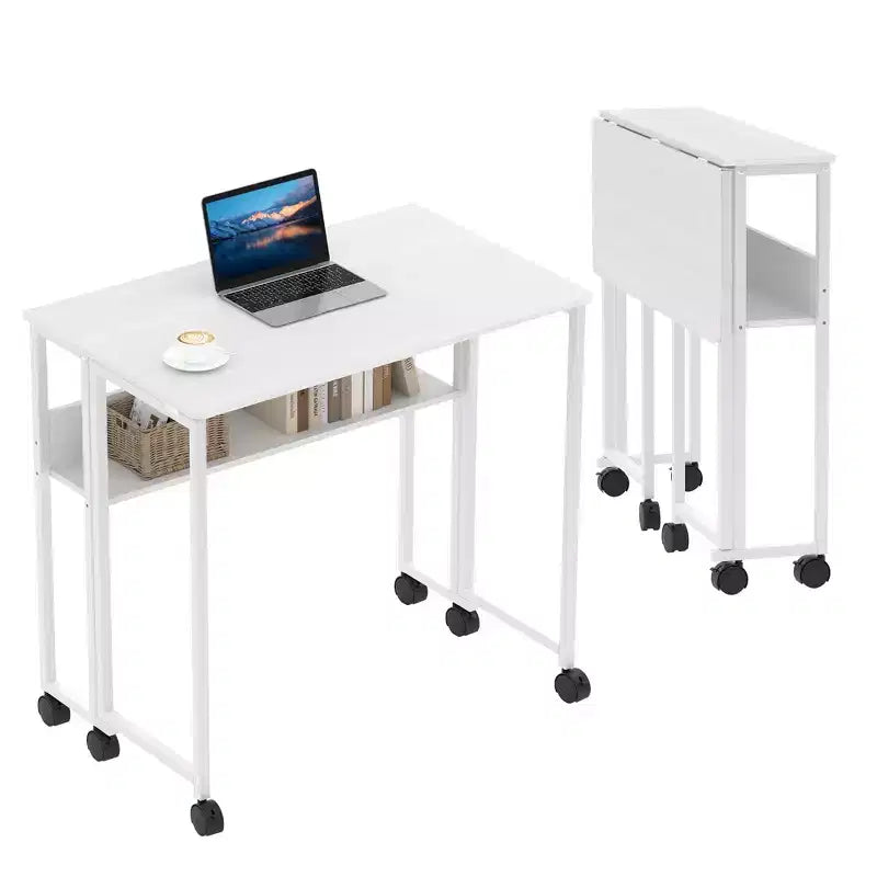 Folding Desk Small Rolling Desk with Storage Shelf,31.5 Inch Foldable Computer Table for Small Spaces, Space Saving Sofa Table with Wheels