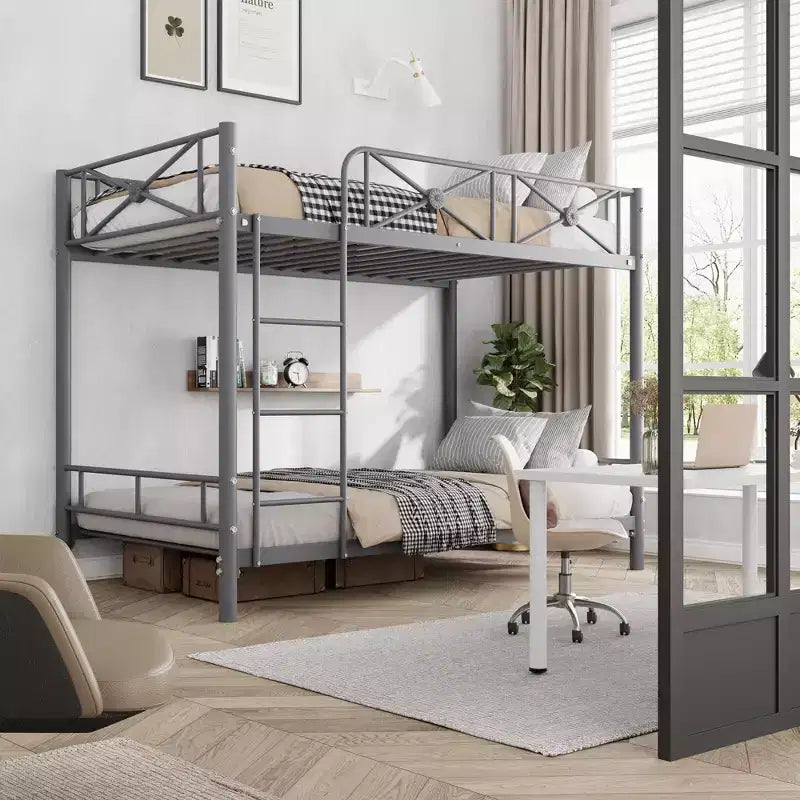 Metal Bunk Bed Twin Over Twin, Industrial Bunkbeds Heavy Duty Bed with Safety Guard Rails and Space-Saving Design, Steel Bed for School, Bedroom