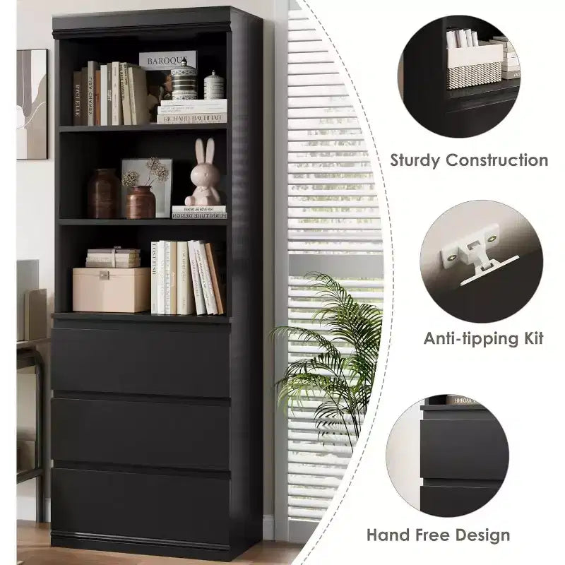 70 inch Industrial Bookshelf with Drawers, Bookshelf and Bookcase with 3-Tier Open Shelves, Farmhouse Tall Bookcase for Living Room, Office