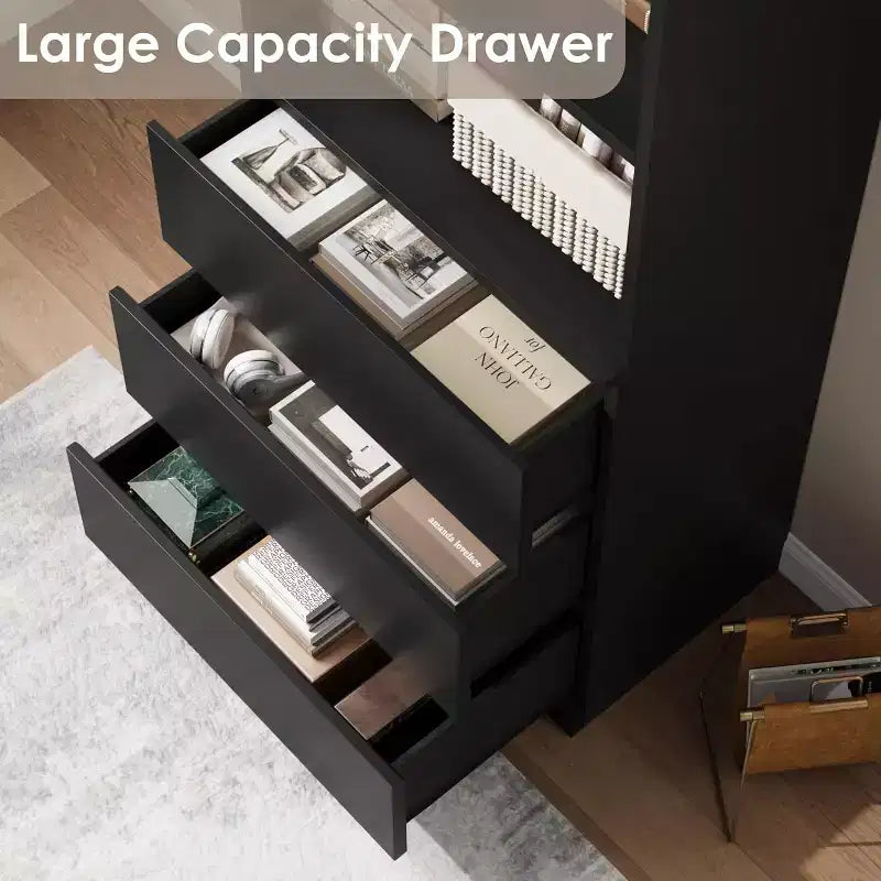 70 inch Industrial Bookshelf with Drawers, Bookshelf and Bookcase with 3-Tier Open Shelves, Farmhouse Tall Bookcase for Living Room, Office