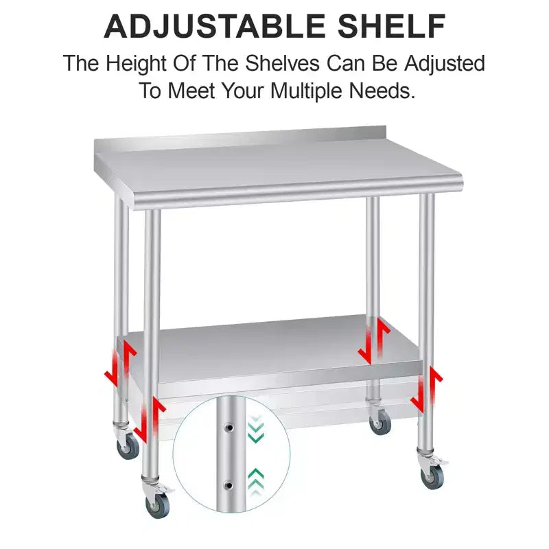 Stainless Steel Prep Table 36 x 24 w/Back splash, Adjustable Under-shelf & 4 Caster Wheels, Commercial Heavy Duty Table for Outdoor Use, Restaurants