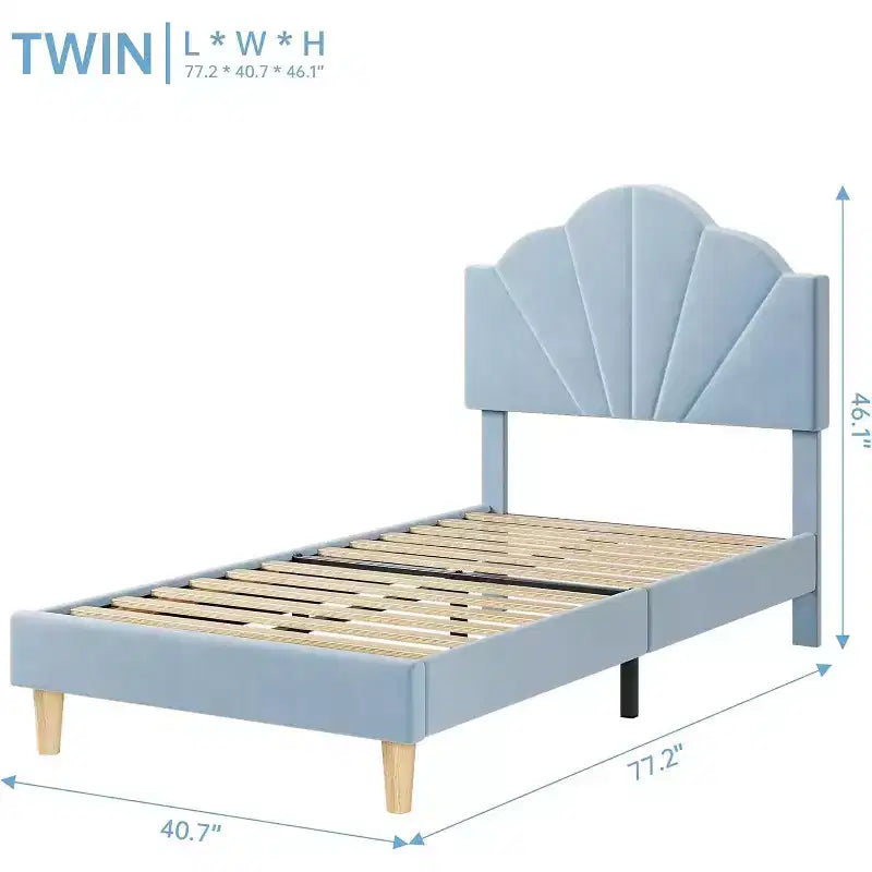 Girls' Bed Frame, Velvet Upholstered Platform Bed Frame with Height Adjustable Headboard for Boys & Girls, Wood Slat Support, Easy to Assemble
