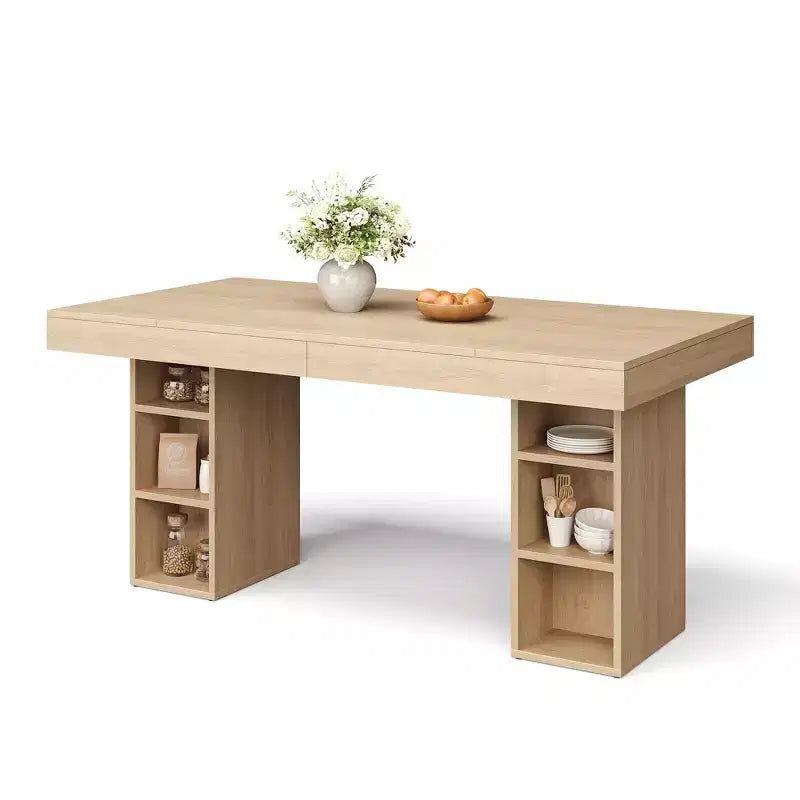 Dining Table for 6-8 with Dual Side Storage, 6 Ft Large Rectangular Dinner Table with Double Pedestal & Large Tabletop, Wooden Kitchen Table