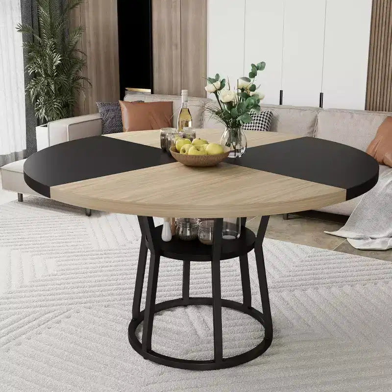 Round Dining Table for 4-6, 42 Farmhouse Kitchen Table with Storage, Circle Dinner Tables for Kitchen, Dining Room, Living Room, Apartment
