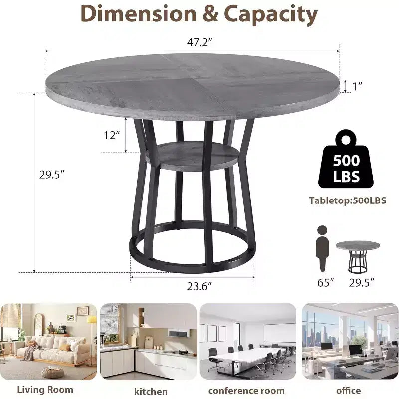 Round Dining Table for 4-6, 42 Farmhouse Kitchen Table with Storage, Circle Dinner Tables for Kitchen, Dining Room, Living Room, Apartment