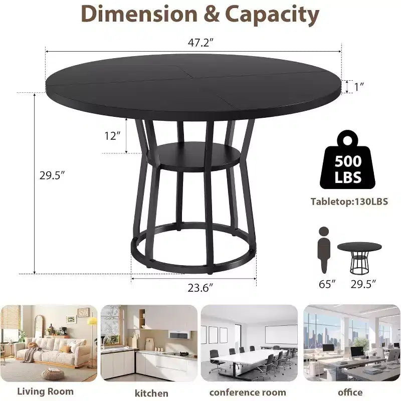 Round Dining Table for 4-6, 42 Farmhouse Kitchen Table with Storage, Circle Dinner Tables for Kitchen, Dining Room, Living Room, Apartment