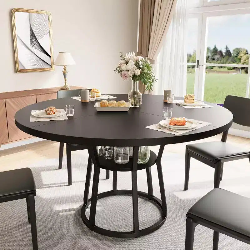 Round Dining Table for 4-6, 42 Farmhouse Kitchen Table with Storage, Circle Dinner Tables for Kitchen, Dining Room, Living Room, Apartment