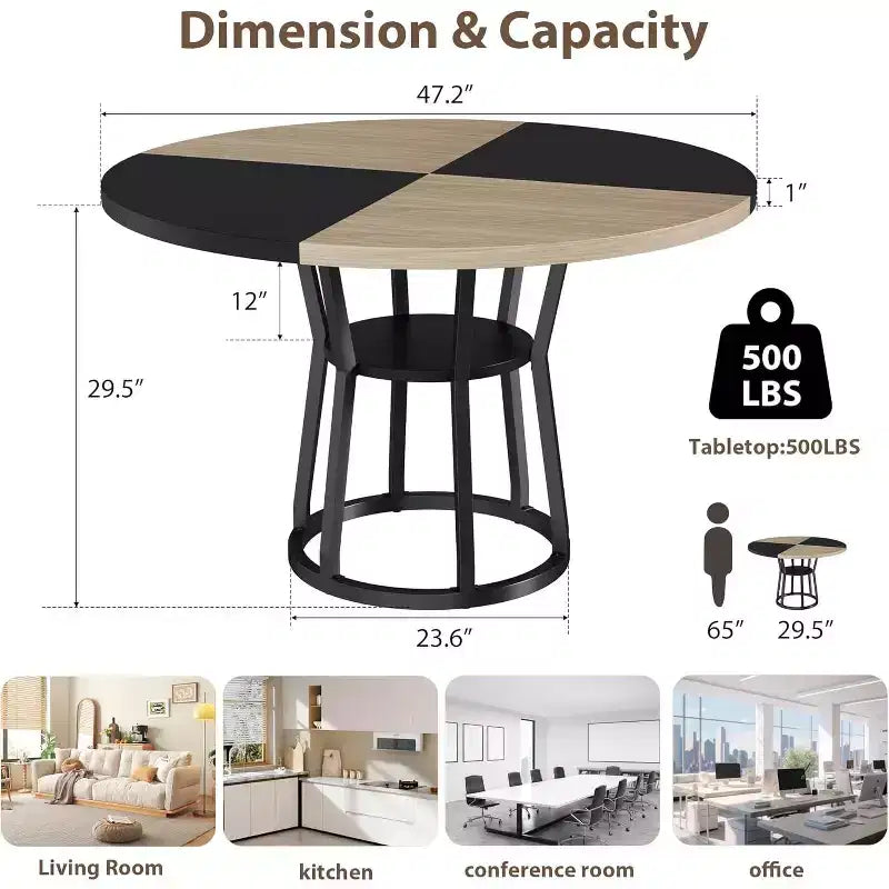Round Dining Table for 4-6, 42 Farmhouse Kitchen Table with Storage, Circle Dinner Tables for Kitchen, Dining Room, Living Room, Apartment