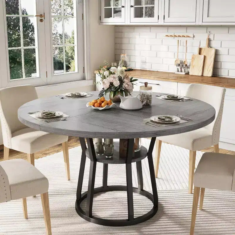 Round Dining Table for 4-6, 42 Farmhouse Kitchen Table with Storage, Circle Dinner Tables for Kitchen, Dining Room, Living Room, Apartment