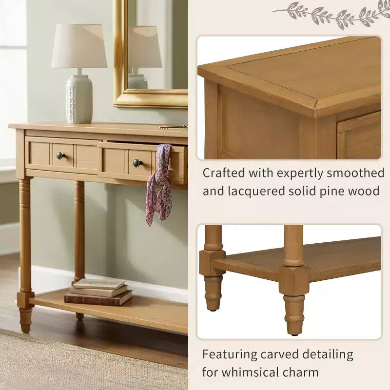 35.4 Traditional Console Table with Drawers and Shelf, Vintage Pine Entryway Table, Compact Sofa Table for Living Room or Hallway-Panipeachy