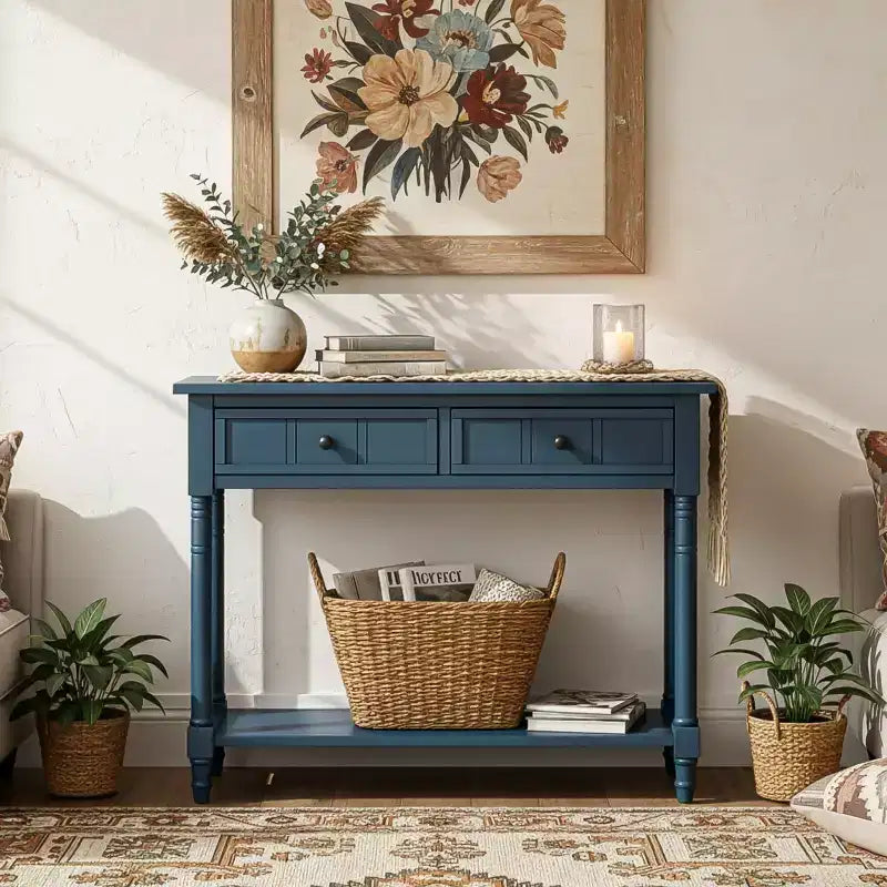 35.4 Traditional Console Table with Drawers and Shelf, Vintage Pine Entryway Table, Compact Sofa Table for Living Room or Hallway-Panipeachy