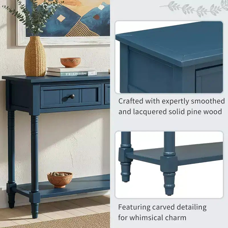 35.4 Traditional Console Table with Drawers and Shelf, Vintage Pine Entryway Table, Compact Sofa Table for Living Room or Hallway-Panipeachy