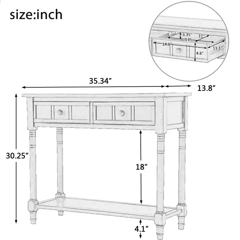 35.4 Traditional Console Table with Drawers and Shelf, Vintage Pine Entryway Table, Compact Sofa Table for Living Room or Hallway-Panipeachy