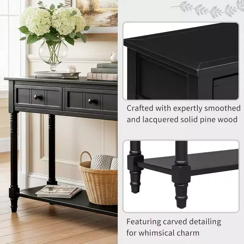 35.4 Traditional Console Table with Drawers and Shelf, Vintage Pine Entryway Table, Compact Sofa Table for Living Room or Hallway-Panipeachy