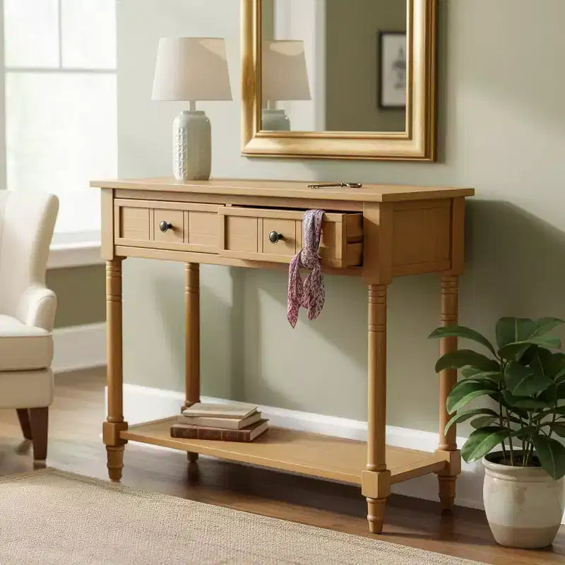 35.4 Traditional Console Table with Drawers and Shelf, Vintage Pine Entryway Table, Compact Sofa Table for Living Room or Hallway-Panipeachy