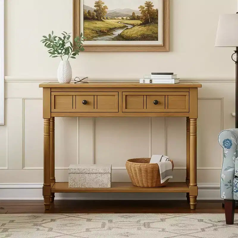 35.4 Traditional Console Table with Drawers and Shelf, Vintage Pine Entryway Table, Compact Sofa Table for Living Room or Hallway-Panipeachy