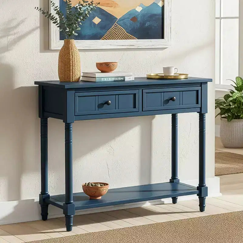 35.4 Traditional Console Table with Drawers and Shelf, Vintage Pine Entryway Table, Compact Sofa Table for Living Room or Hallway-Panipeachy