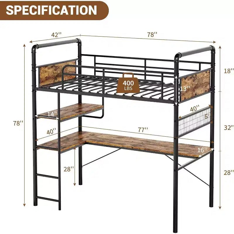 Loft Bunk Bed with L-Shaped Desk,Twin Loft Bed with Desk Underneath, Metal Bunk Beds with High Guardrail and Ladder,Easy Assembly