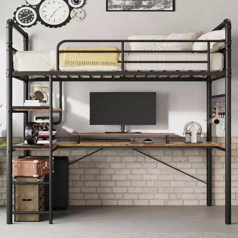 Loft Bunk Bed with L-Shaped Desk,Twin Loft Bed with Desk Underneath, Metal Bunk Beds with High Guardrail and Ladder,Easy Assembly