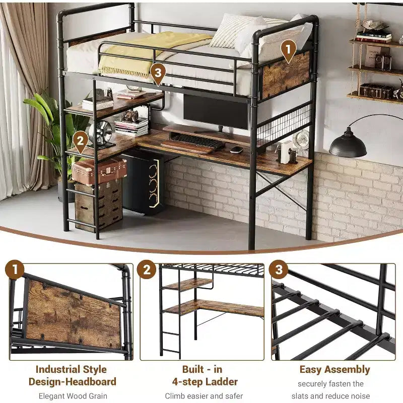 Loft Bunk Bed with L-Shaped Desk,Twin Loft Bed with Desk Underneath, Metal Bunk Beds with High Guardrail and Ladder,Easy Assembly
