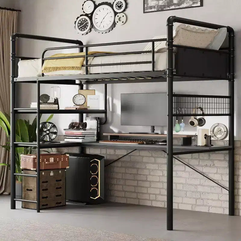 Loft Bunk Bed with L-Shaped Desk,Twin Loft Bed with Desk Underneath, Metal Bunk Beds with High Guardrail and Ladder,Easy Assembly