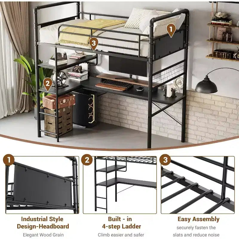 Loft Bunk Bed with L-Shaped Desk,Twin Loft Bed with Desk Underneath, Metal Bunk Beds with High Guardrail and Ladder,Easy Assembly