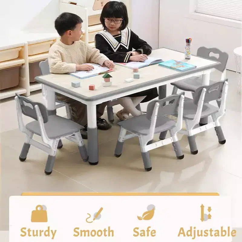 Kids Table and 6 Chair Set, Height Adjustable, Multifunctional Desk, Ergonomically Designed Chairs, for Classroom, Daycares