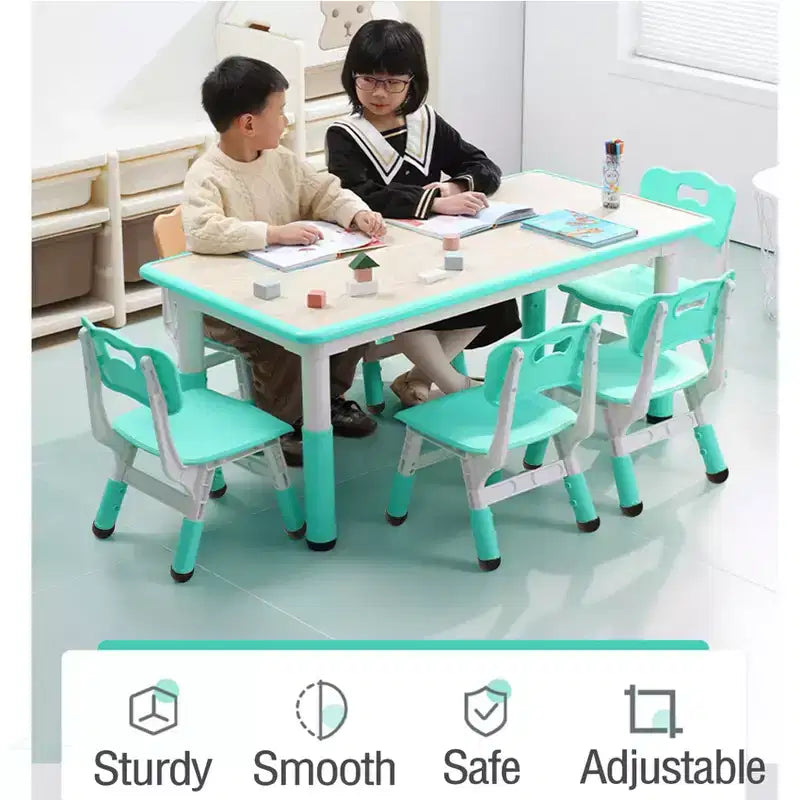 Kids Table and 6 Chair Set, Height Adjustable, Multifunctional Desk, Ergonomically Designed Chairs, for Classroom, Daycares