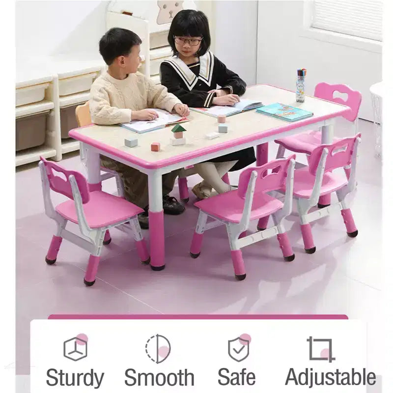 Kids Table and 6 Chair Set, Height Adjustable, Multifunctional Desk, Ergonomically Designed Chairs, for Classroom, Daycares
