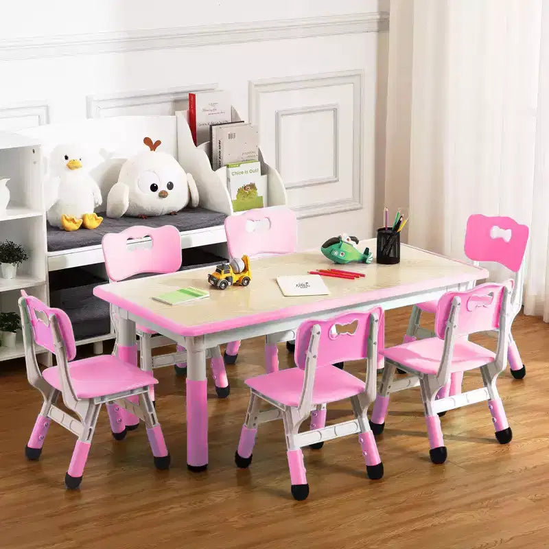 Kids Table and 6 Chair Set, Height Adjustable, Multifunctional Desk, Ergonomically Designed Chairs, for Classroom, Daycares