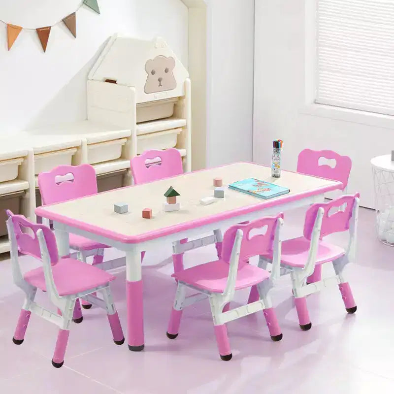 Kids Table and 6 Chair Set, Height Adjustable, Multifunctional Desk, Ergonomically Designed Chairs, for Classroom, Daycares