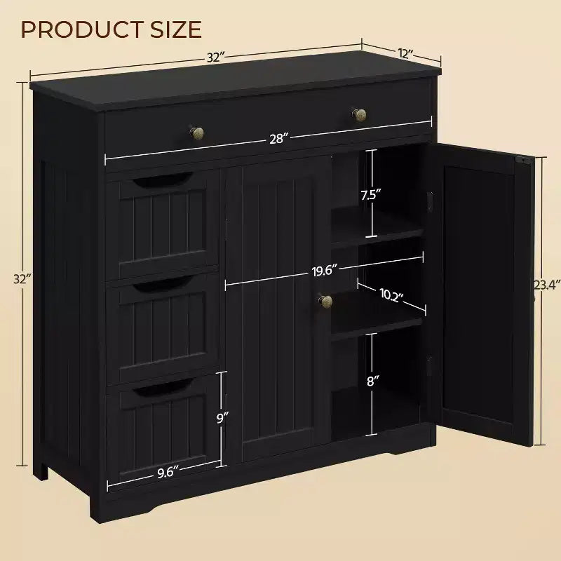 Yaheetech Wooden Bathroom Storage Cabinet Floor Cabinet with Adjustable Shelf, Black