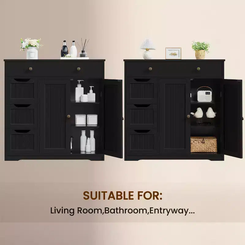 Yaheetech Wooden Bathroom Storage Cabinet Floor Cabinet with Adjustable Shelf, Black