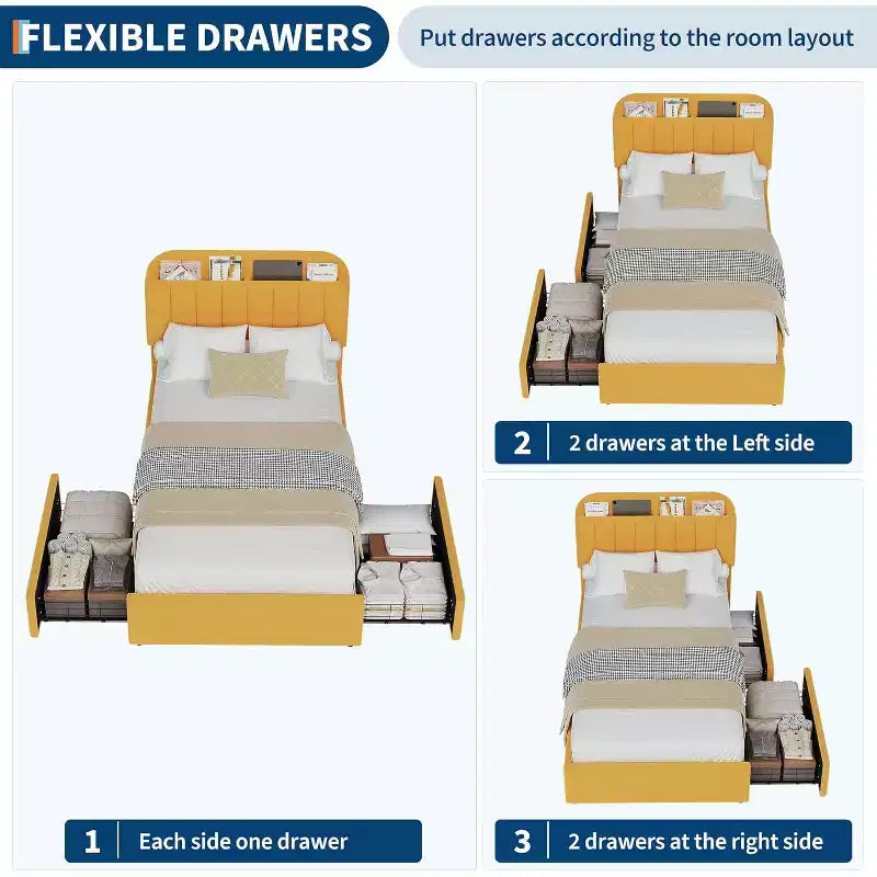 Platform Bed Frame,Kids Bed Frame with Storage Headboard, 2 Rolling Drawers, Noise Free Bedframe, No Box Spring Needed,Yellow