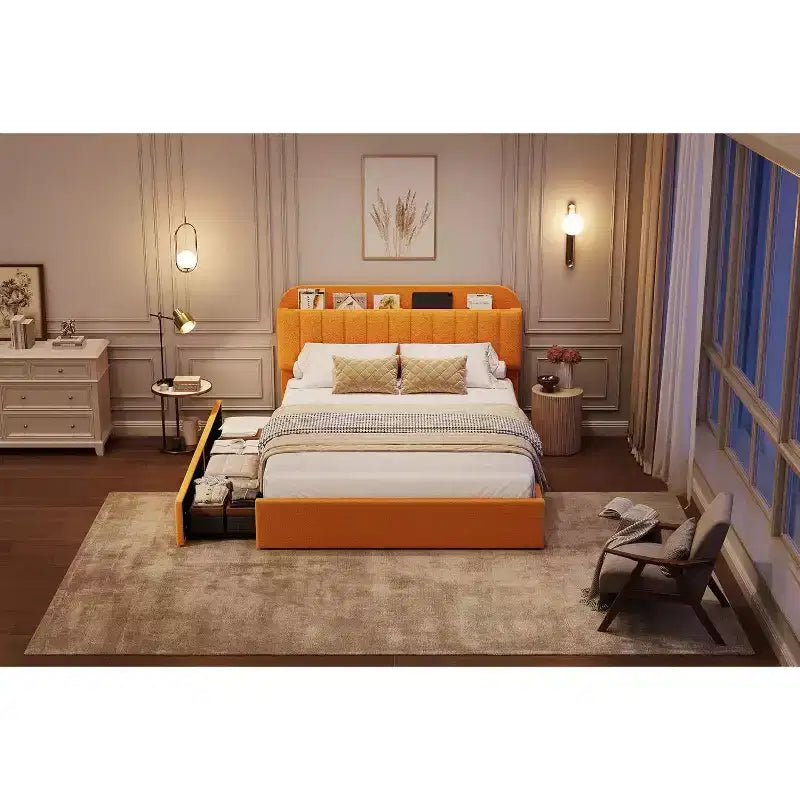 Platform Bed Frame,Kids Bed Frame with Storage Headboard, 2 Rolling Drawers, Noise Free Bedframe, No Box Spring Needed,Yellow