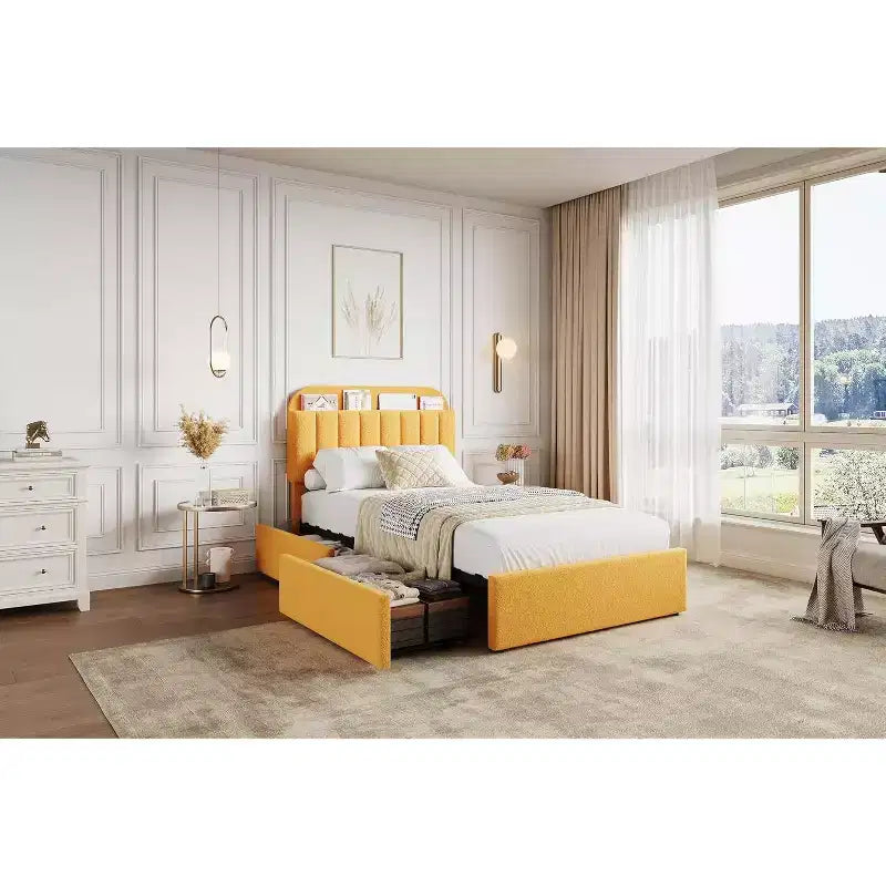 Platform Bed Frame,Kids Bed Frame with Storage Headboard, 2 Rolling Drawers, Noise Free Bedframe, No Box Spring Needed,Yellow