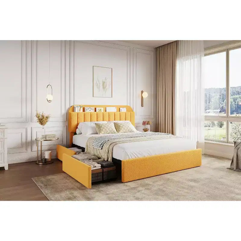 Platform Bed Frame,Kids Bed Frame with Storage Headboard, 2 Rolling Drawers, Noise Free Bedframe, No Box Spring Needed,Yellow