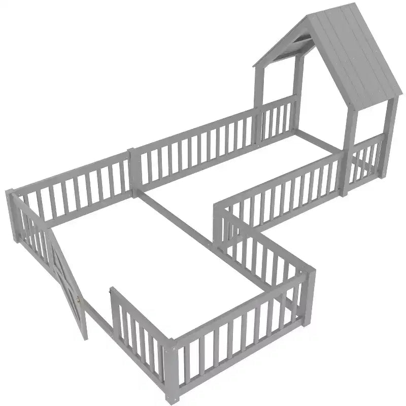 Twin/Full Kids House Floor Bed, Double Twin Montessori Bed Frame with Door & Full-Length Guardrails - ModernLuxe