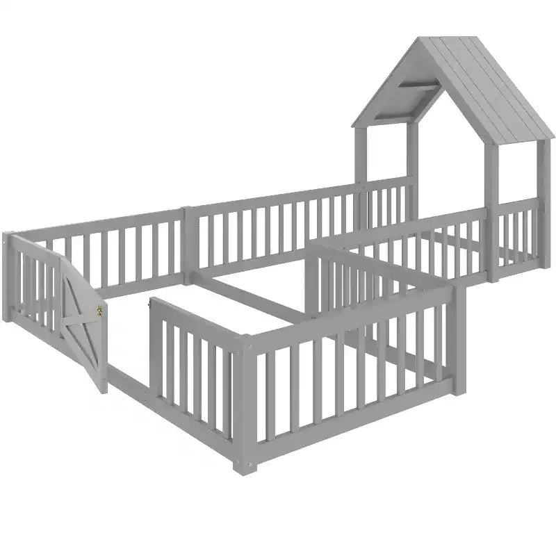Twin/Full Kids House Floor Bed, Double Twin Montessori Bed Frame with Door & Full-Length Guardrails - ModernLuxe