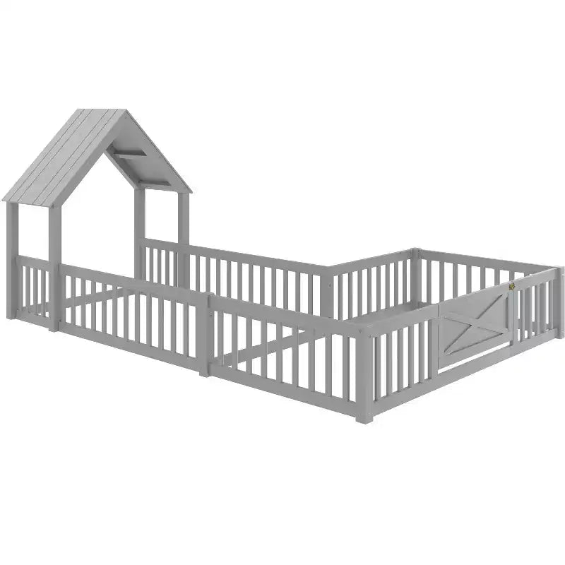 Twin/Full Kids House Floor Bed, Double Twin Montessori Bed Frame with Door & Full-Length Guardrails - ModernLuxe