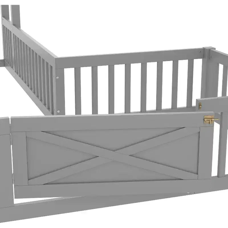 Twin/Full Kids House Floor Bed, Double Twin Montessori Bed Frame with Door & Full-Length Guardrails - ModernLuxe