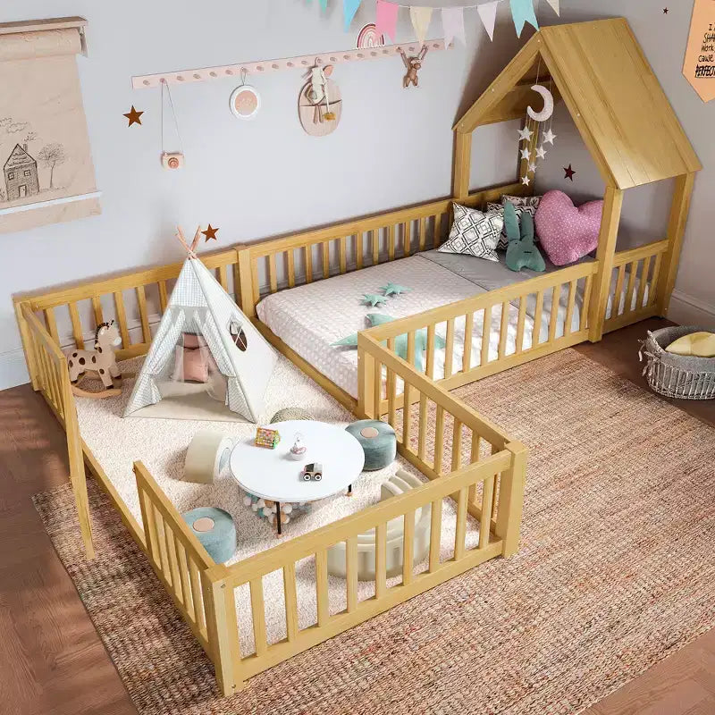 Twin/Full Kids House Floor Bed, Double Twin Montessori Bed Frame with Door & Full-Length Guardrails - ModernLuxe