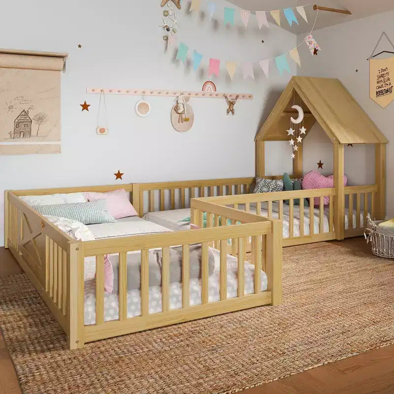 Twin/Full Kids House Floor Bed, Double Twin Montessori Bed Frame with Door & Full-Length Guardrails - ModernLuxe