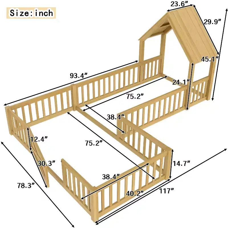 Twin/Full Kids House Floor Bed, Double Twin Montessori Bed Frame with Door & Full-Length Guardrails - ModernLuxe