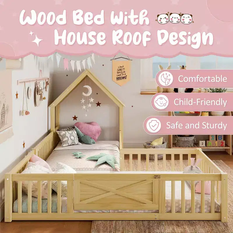 Twin/Full Kids House Floor Bed, Double Twin Montessori Bed Frame with Door & Full-Length Guardrails - ModernLuxe